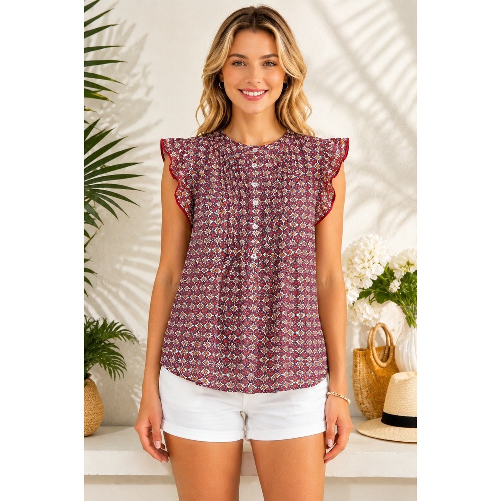 Max Studio Blouse Womens Small Red Floral Button Front Ruffle Boho Top